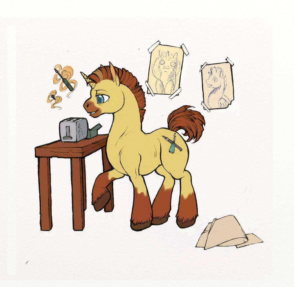 blue_eyes brown_fur brown_hair cutie_mark equine fillyphalanx friendship_is_magic fur hair horn horse male mammal my_little_pony original_character plain_background pony screw screwdriver screwdriver_(tool) simple_background solo toaster unicorn white_background
