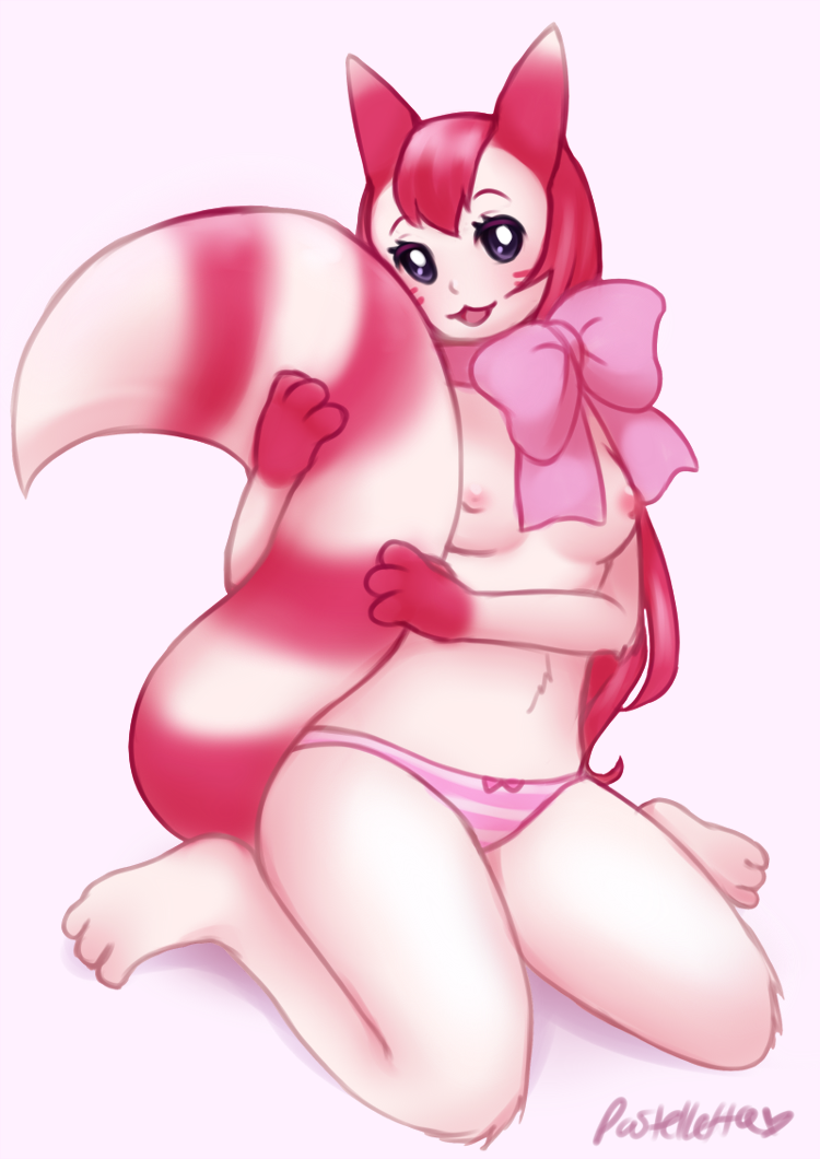 anthrofied breasts female furret hugging_tail long_tail looking_at_viewer nintendo pastelletta plain_background pok&#233;mon pok&eacute;mon ribbons small_breasts solo topless underwear video_games white_background
