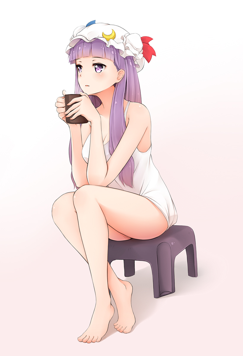 alternate_costume bad_id bad_pixiv_id bare_shoulders barefoot blush breasts chair cleavage crescent cup full_body hat highres long_hair medium_breasts mug naoki_noritaka parted_lips patchouli_knowledge purple_eyes purple_hair sitting solo touhou