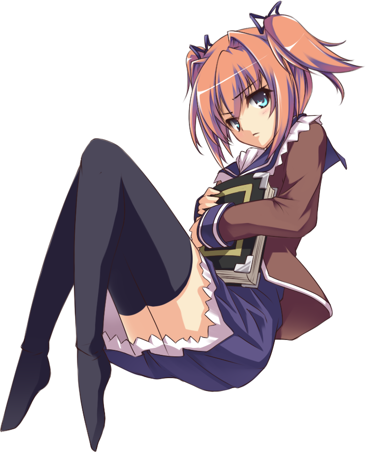 black_legwear blush book brown_hair character_request choco_la_tea closed_mouth eiyuu_chronicle green_eyes hair_ribbon holding holding_book long_hair long_sleeves looking_at_viewer ribbon skirt solo thighhighs transparent_background twintails zettai_ryouiki