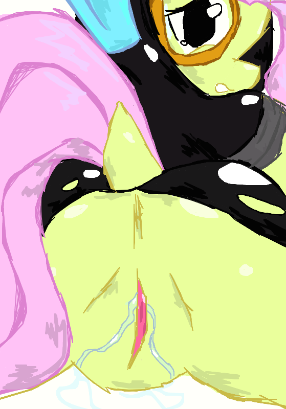 anthro anus bodysuit butt equine female fluttershy_(mlp) friendship_is_magic fur horse illusiveelusive looking_at_viewer mammal my_little_pony plain_background pony pussy rubber skinsuit solo white_background yellow_fur