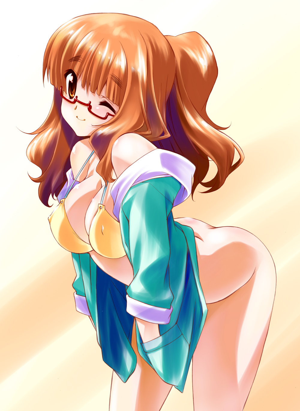 ;) ass bent_over bikini_top bottomless breasts closed_mouth girls_und_panzer glasses hands_in_pockets highres jacket large_breasts long_hair looking_at_viewer one_eye_closed orange_eyes orange_hair ponytail pose senomoto_hisashi smile solo standing swimsuit takebe_saori