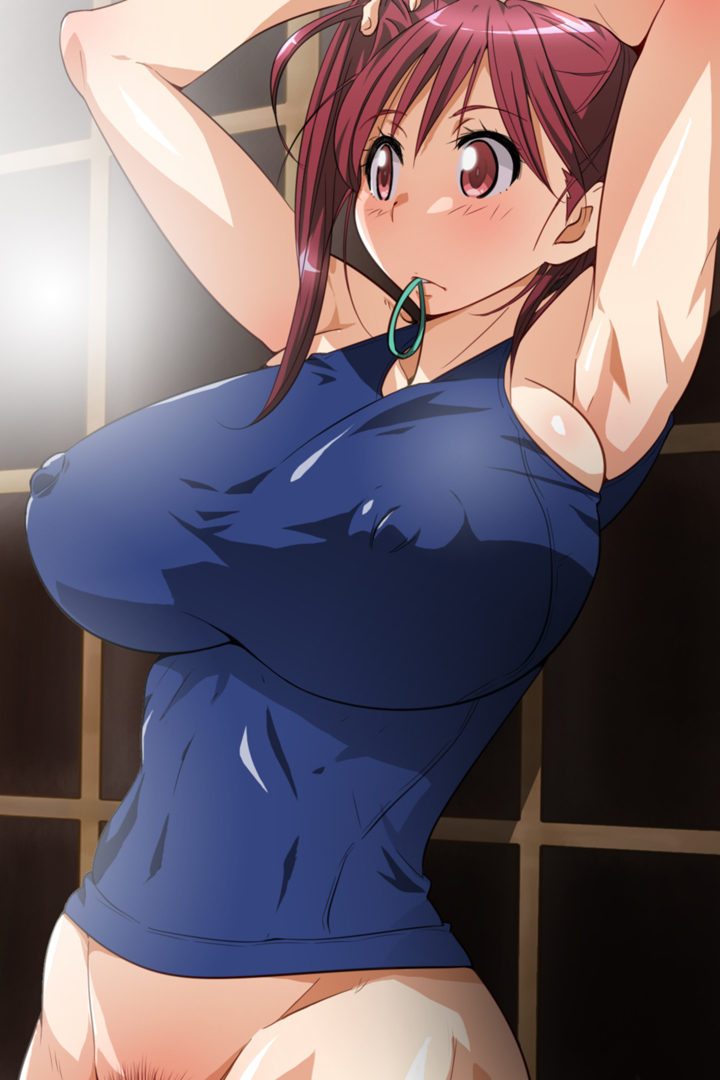 armpits arms_up breasts bursting_breasts covered_nipples huge_breasts kunifuto original pubic_hair red_hair side_ponytail solo