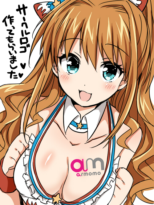 blue_eyes blush breasts cleavage hino_akane_(idolmaster) idolmaster idolmaster_cinderella_girls large_breasts long_hair open_mouth orange_hair sleeveless solo star translation_request tsukudani_norio wristband