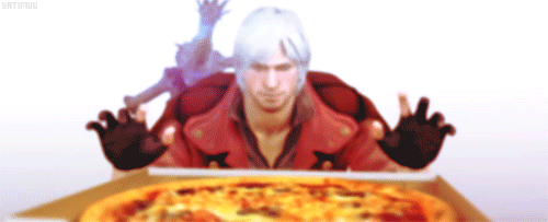 1boy animated animated_gif capcom dante dante_(devil_may_cry) devil_may_cry devil_may_cry_4 fingerless_gloves food gloves lowres pizza sword weapon white_hair
