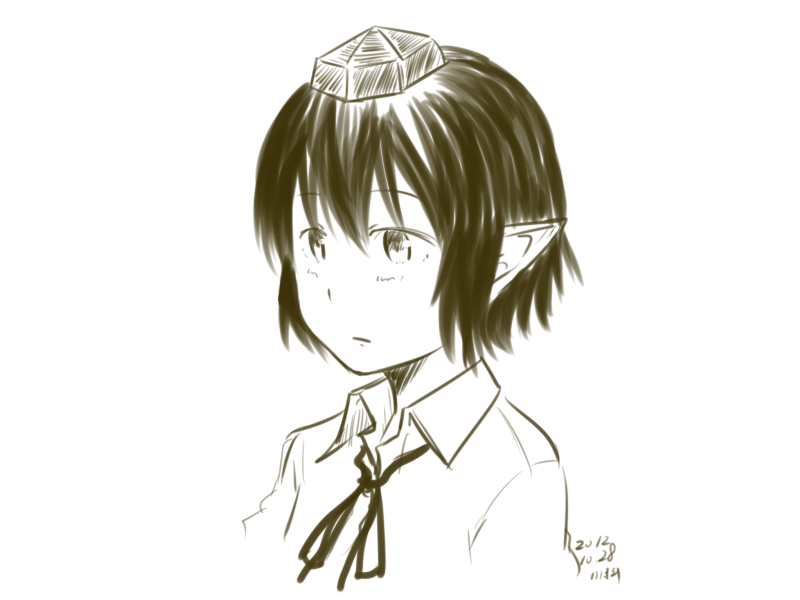 dated kawashina_(momen_silicon) looking_away monochrome pointy_ears shameimaru_aya short_hair simple_background solo touhou upper_body white_background