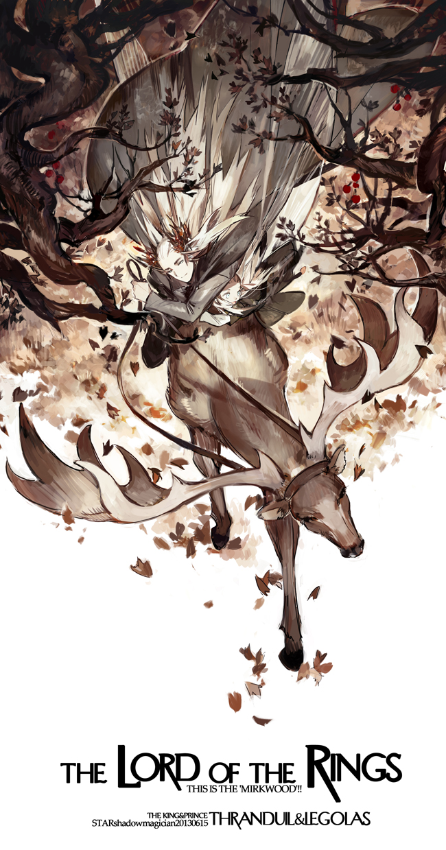 animal blonde_hair deer elf father_and_son highres leaf legolas long_hair lord_of_the_rings multiple_boys petals pointy_ears riding starshadowmagician the_hobbit thranduil