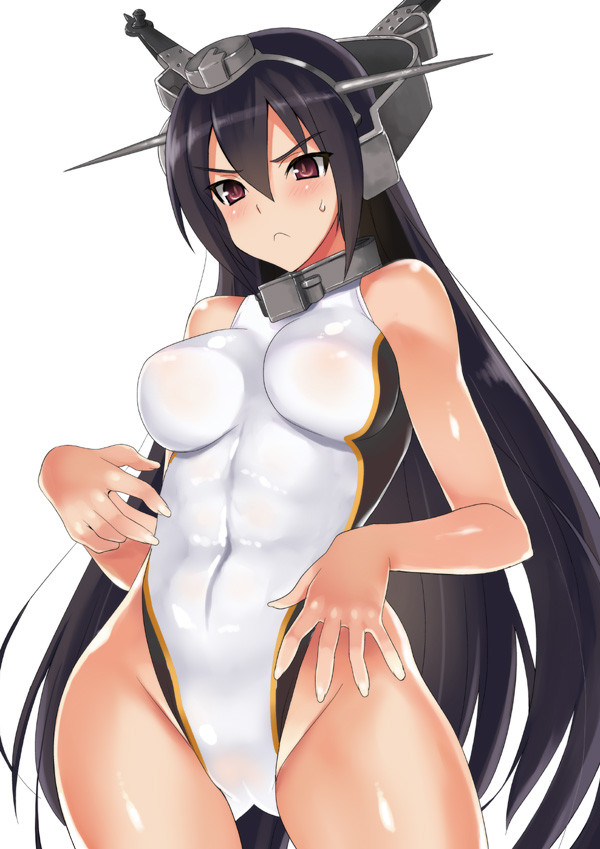 :&lt; bare_shoulders black_hair breasts competition_swimsuit highleg highleg_swimsuit kantai_collection kyougoku_shin large_breasts long_hair nagato_(kantai_collection) one-piece_swimsuit red_eyes solo sweatdrop swimsuit