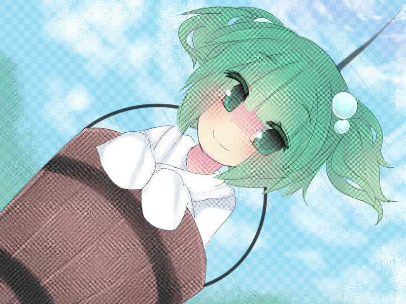 bucket green_hair hair_bobbles hair_ornament in_bucket in_container kisume short_hair smile terupancake touhou twintails wooden_bucket