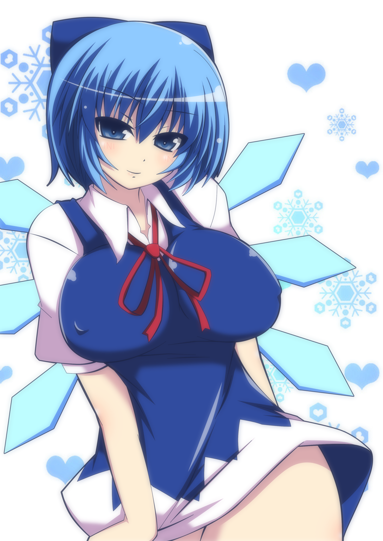 alternate_breast_size blue_eyes blue_hair blue_skirt bow breasts cirno collared_shirt covered_nipples dress dress_tug hair_bow heart ice ice_wings large_breasts looking_at_viewer masiromu older puffy_sleeves shirt short_sleeves skirt smile solo touhou wings