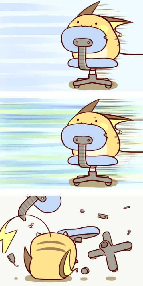 cafe_(chuu_no_ouchi) chair crash failure gen_1_pokemon no_humans pokemon pokemon_(creature) raichu speed_lines tail