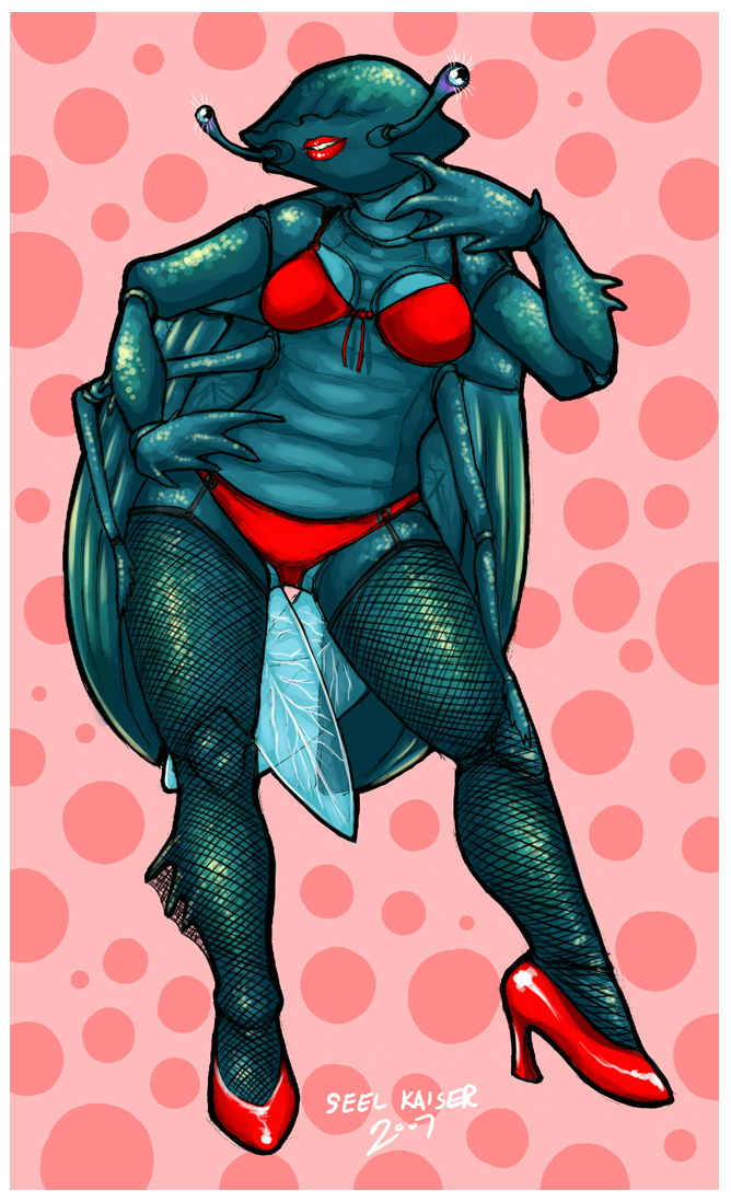 arthropod beetle bikini bra female fishnet hand_on_hip hand_on_leg high_heels insect legwear lipstick multi_limb multiple_arms panties polka_dots seel_kaiser solo stockings swimsuit thick_thighs underwear wide_hips wings