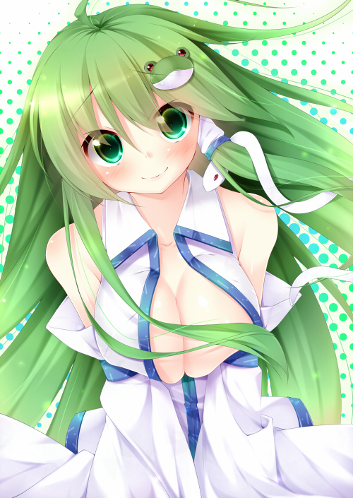 alza bad_id bad_pixiv_id bare_shoulders blush breasts cleavage detached_sleeves frog_hair_ornament green_eyes green_hair hair_ornament hair_tubes halftone halftone_background kochiya_sanae large_breasts long_hair looking_at_viewer smile snake_hair_ornament solo touhou