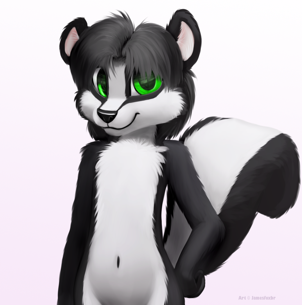 ambiguous_gender anthro black black_fur black_nose cub cute fur green_eyes hair jamesfoxbr looking_at_viewer male mammal nude plain_background pose shin skunk smile solo standing young