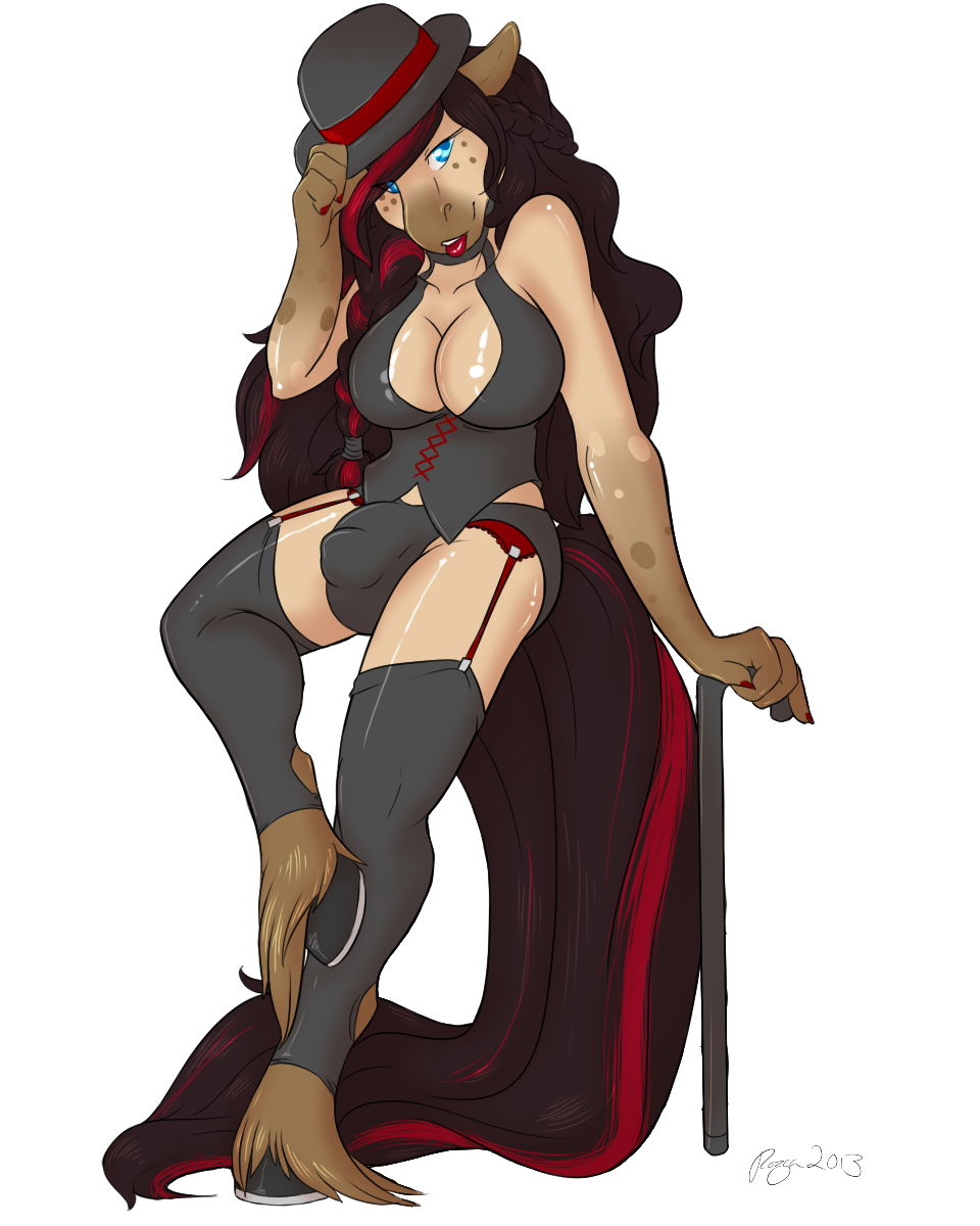 alpha_channel anthro arm_support barefoot big_breasts black_hair blue_eyes breasts bulge cane cleavage clothed clothing dark_skin dickgirl equine garter_belt hair hat hooves horse intersex lacing legwear lipstick long_hair long_tail looking_at_viewer mammal markings nails on_one_leg plain_background playful pose red_lips red_nails rozga seductive shiny socks_(marking) solo thick_thighs thigh_highs toeless_socks transparent_background val_mal