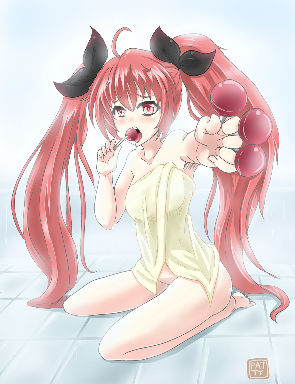 candy date_a_live food groin highres itsuka_kotori lollipop long_hair naked_towel open_mouth patty_(artist) red_eyes red_hair solo towel twintails