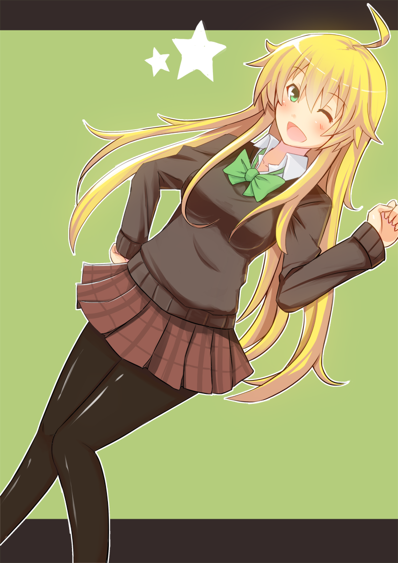 ;d ahoge bad_id bad_pixiv_id black_legwear blonde_hair blush bow cardigan collarbone green_background green_eyes hoshii_miki idolmaster idolmaster_(classic) long_hair long_sleeves nahu one_eye_closed open_mouth pantyhose pleated_skirt skirt smile solo star very_long_hair