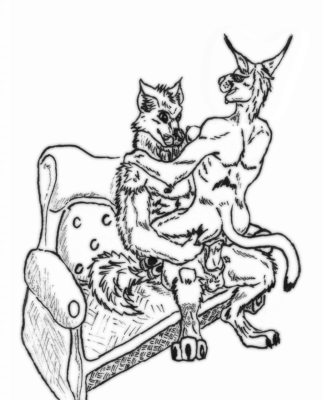 barefoot black_and_white breasts canine caracal cowgirl_position digitigrade feline felixspeagel female hindpaw ink licking male mammal mastery_position monochrome nipples pawpads paws penetration pointy_ears raised_tail sex sofa straight tongue vaginal vaginal_penetration wolf