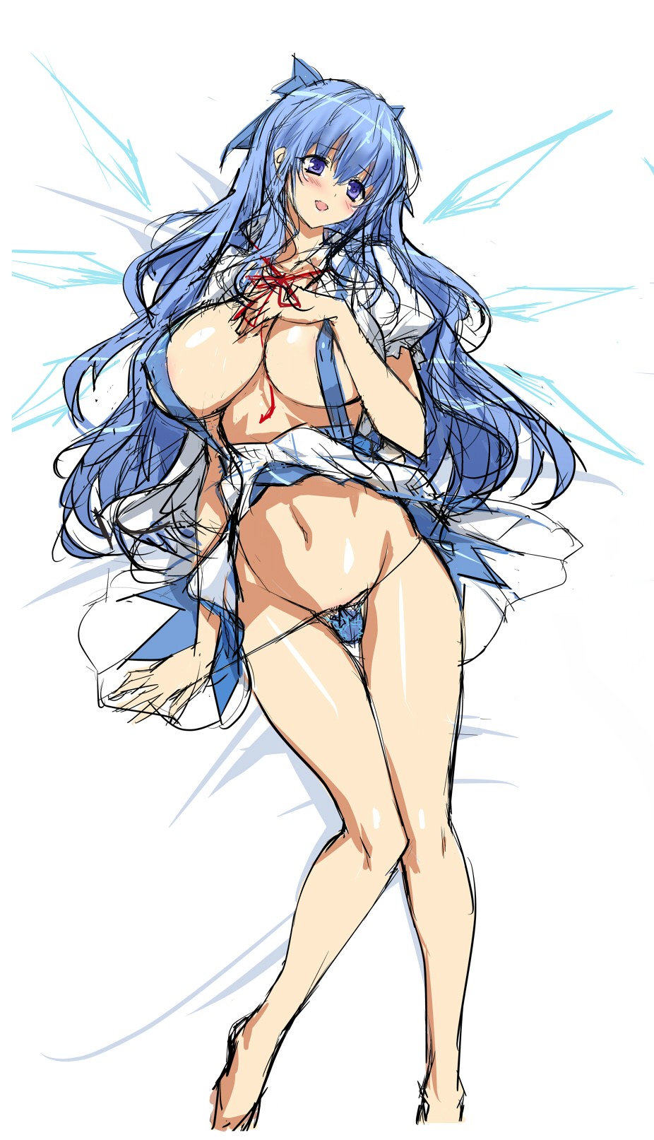 alternate_breast_size blue_hair bow breasts cirno cleavage dakimakura hair_bow hair_ribbon highres large_breasts long_hair lying navel older on_back panties panty_pull q_azieru ribbon shiny shiny_skin sketch solo thigh_gap touhou underwear wings