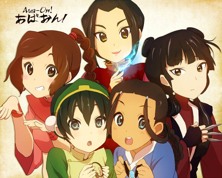 avatar:_the_last_airbender avatar_(series) azula bad_id bad_pixiv_id black_hair blue_eyes blush braid brown_eyes brown_hair copyright_name element_bending jewelry jewelry_removed k-on! katara knife long_hair looking_at_viewer mai_(avatar) multiple_girls necklace necklace_removed open_mouth parody round_teeth short_hair single_braid smile style_parody t_k_g teeth toph_bei_fong ty_lee yellow_eyes