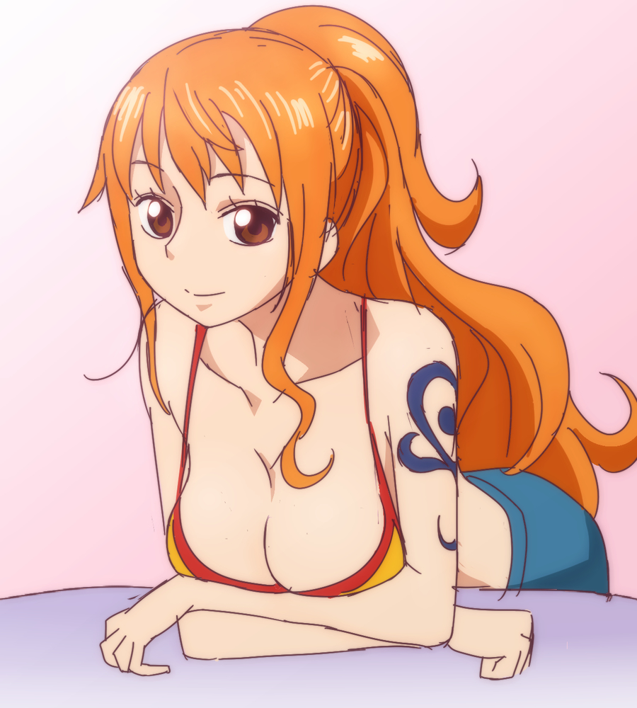 breasts brown_eyes cleavage large_breasts long_hair looking_at_viewer manji_(tenketsu) nami_(one_piece) one_piece orange_hair ponytail smile solo tattoo