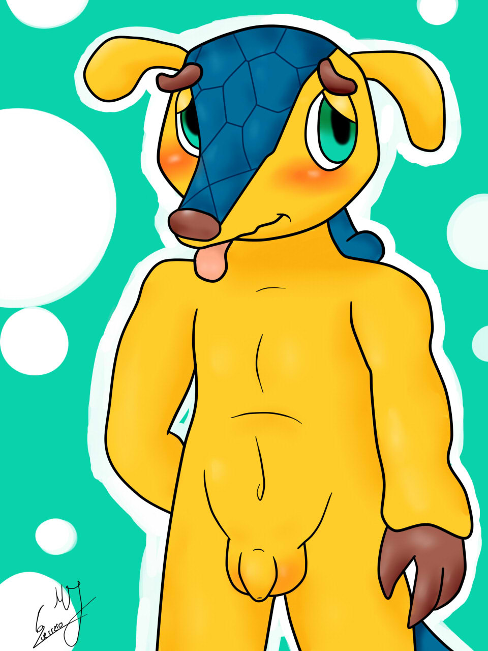 anthro armadillo balls blush cute fifa flaccid fuleco green_eyes looking_at_viewer male mascot mundiela nude penis plain_background solo zekromlover