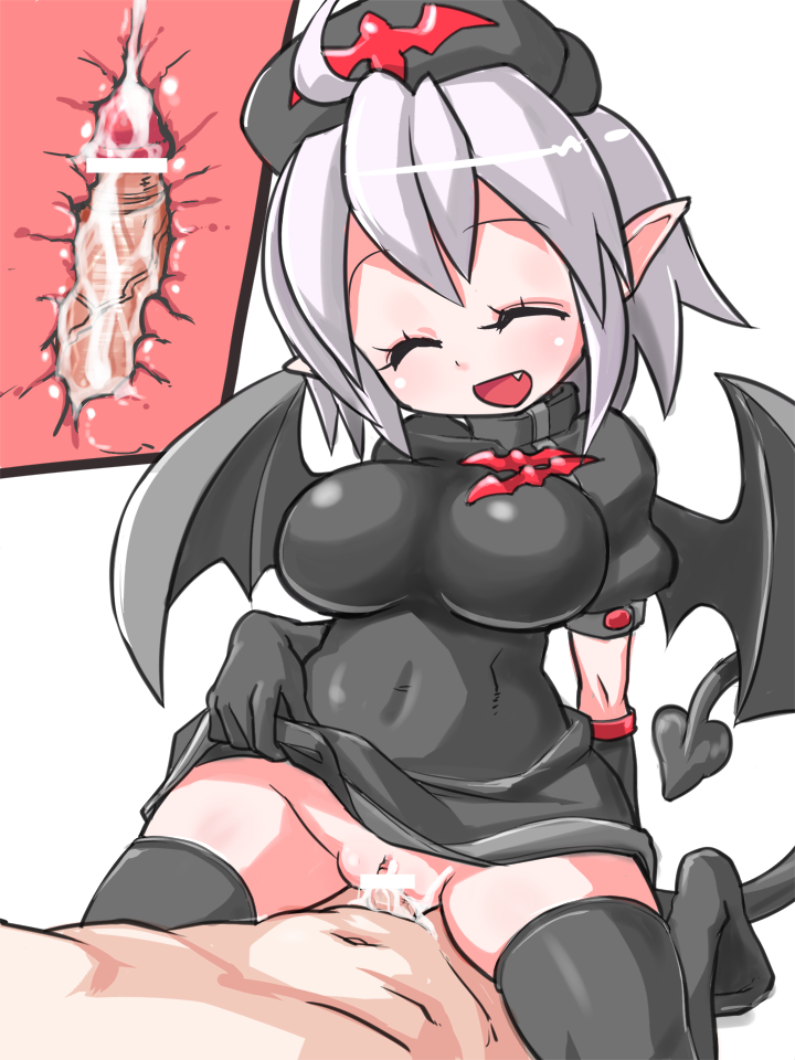 1girl ahoge bangs bar_censor black_legwear blush censored clitoris closed_eyes cross-section cum cum_in_pussy demon_girl demon_wings eyelashes fang hat hetero mon-musu_quest! monster_girl naccubus no_panties open_mouth penis pointless_censoring pointy_ears pussy sex short_hair sidelocks smile succubus tail tentotu thighhighs transparent_background vaginal white_hair wings