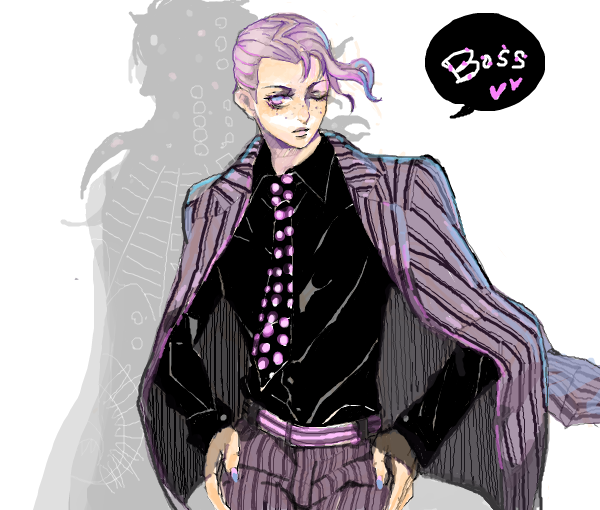 bangs drawr formal freckles jacket_on_shoulders jojo_no_kimyou_na_bouken male_focus midorim one_eye_closed pink_hair purple_hair solo striped suit vertical_stripes vinegar_doppio