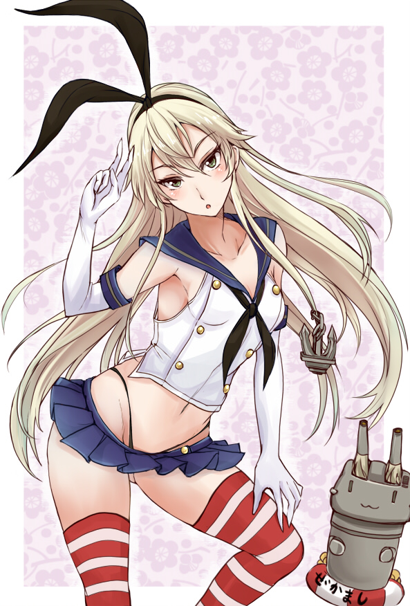 :o anchor anchor_hair_ornament bad_id bad_pixiv_id black_panties blonde_hair blush breasts elbow_gloves gloves green_eyes hair_ornament hairband highleg highleg_panties kantai_collection lifebuoy long_hair looking_at_viewer microskirt midriff navel panties rensouhou-chan shimakaze_(kantai_collection) skirt sleeveless small_breasts solo striped striped_legwear takaharu thighhighs underwear v white_gloves zettai_ryouiki