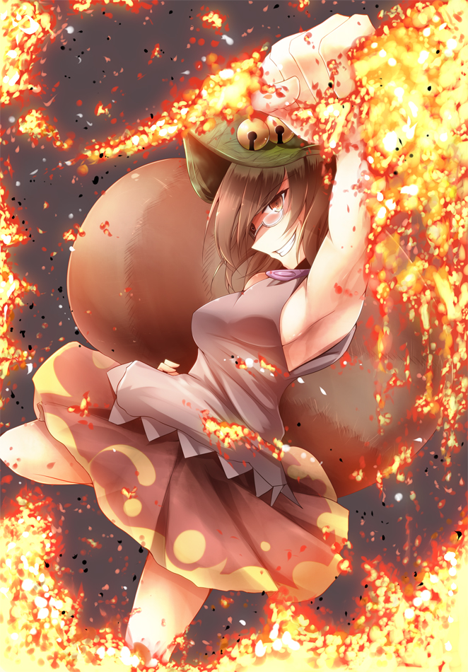 ashes bell breasts brown_eyes brown_hair fire futatsuiwa_mamizou glasses grin guilty_gear hat large_breasts midori_(misuriru8) raccoon_tail raised_fist sideboob skirt smile tail touhou uppercut volcanic_viper