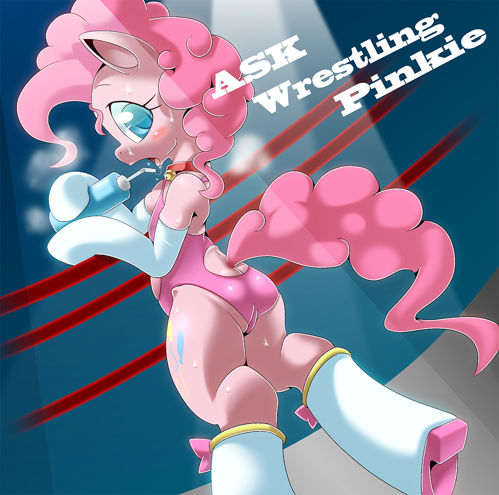 blue_eyes clothed clothing collar cutie_mark equine female fighting_ring friendship_is_magic fur gloves hair horse leotard looking_at_viewer mammal my_little_pony oze pink_body pink_fur pink_hair pinkie_pie_(mlp) pony solo sweat tight_clothing water_bottle wrestling_ring