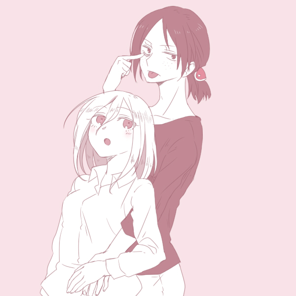 :p bad_id bad_pixiv_id christa_renz freckles hand_on_hip looking_up monochrome multiple_girls pink ponytail shingeki_no_kyojin short_hair simple_background tani42 tongue tongue_out ymir_(shingeki_no_kyojin)