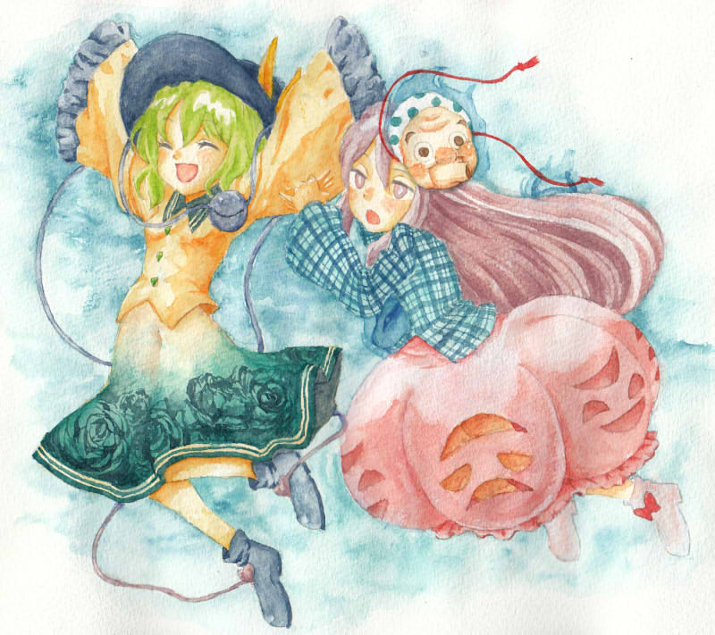 :o ankle_boots arms_up black_footwear blouse blue_background boots bubble_skirt closed_eyes floral_print graphite_(medium) green_hair hannya hat hat_ribbon hata_no_kokoro heart jumping komeiji_koishi long_hair long_sleeves mask multiple_girls open_mouth pink_eyes pink_hair plaid plaid_shirt ribbon shirt short_hair skirt sleeve_tug sleeves_past_wrists third_eye touhou traditional_media very_long_hair watercolor_(medium) white_footwear wide_sleeves yadu_kazuya