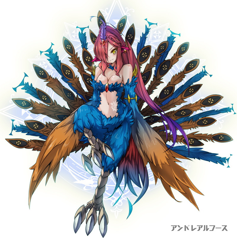ars_goetia breasts character_name claws cleavage feathers gradient_hair hair_over_one_eye harpy light_smile long_hair magic_circle medium_breasts monster_girl multicolored_hair original peacock_feathers ponytail purple_hair red_hair solo sud_(sudea) translated very_long_hair wings yellow_eyes