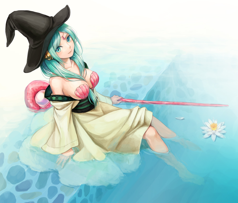 aqua_eyes aqua_hair bare_shoulders between_breasts breasts flower from_above front_ponytail hat kiiroink large_breasts long_hair looking_at_viewer magi_the_labyrinth_of_magic shell shell_bikini sitting solo staff water witch_hat yamuraiha
