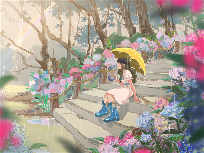 arm_support blurry boots brown_hair closed_eyes depth_of_field flower gori_matsu hairband hydrangea long_hair original profile rain rubber_boots sitting sitting_on_stairs solo stairs tree umbrella