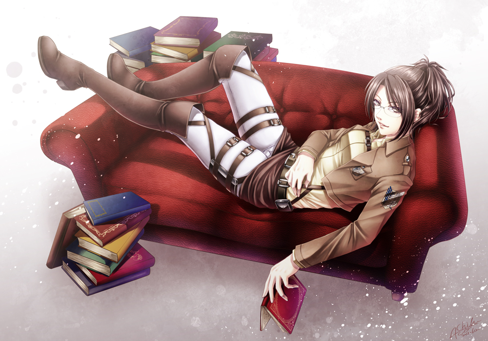 achikoako book boots brown_hair couch dated emblem glasses hange_zoe holding holding_book jacket knee_boots looking_at_viewer lying on_back paradis_military_uniform parted_lips ponytail shingeki_no_kyojin signature smile solo survey_corps_(emblem) thigh_strap uniform