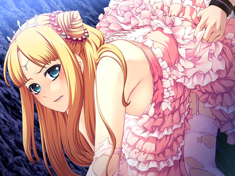 1girl all_fours areolae bare_shoulders benimura_karu blonde_hair blush breasts bunny_black clothed_sex dress dress_lift game_cg green_eyes hanging_breasts highres long_hair nipples no_bra sex sweat thighhighs torn_clothes vaginal