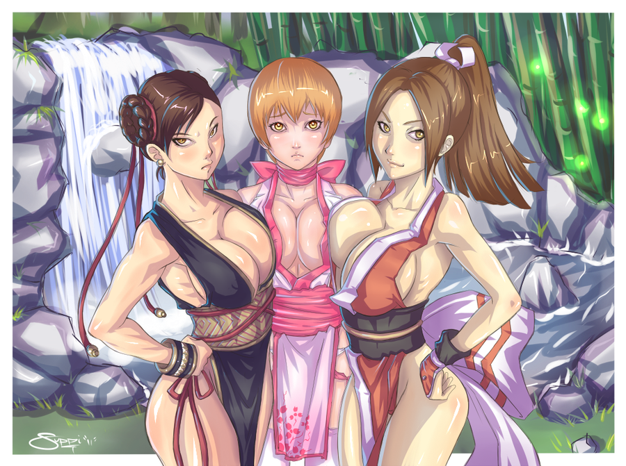 bamboo breasts brown_eyes brown_hair capcom chun-li cleavage crossover dead_or_alive dress fatal_fury itsjustsuppi kasumi kasumi_(doa) large_breasts long_hair multiple_girls ponytail serious shiranui_mai smile snk street_fighter tecmo water waterfall