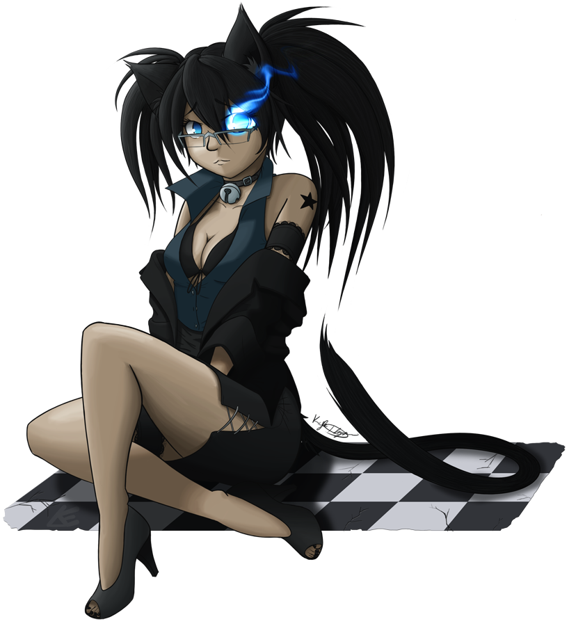 animal_ears bell black_hair black_rock_shooter blue_eyes cat_ears cleavage clothed clothing collar eyewear female fire glasses glowing glowing_eyes hair heels human long_hair looking_at_viewer mammal plain_background signature sitting skirt solo tattoo thebumbler transparent_background voluptuous wide_hips