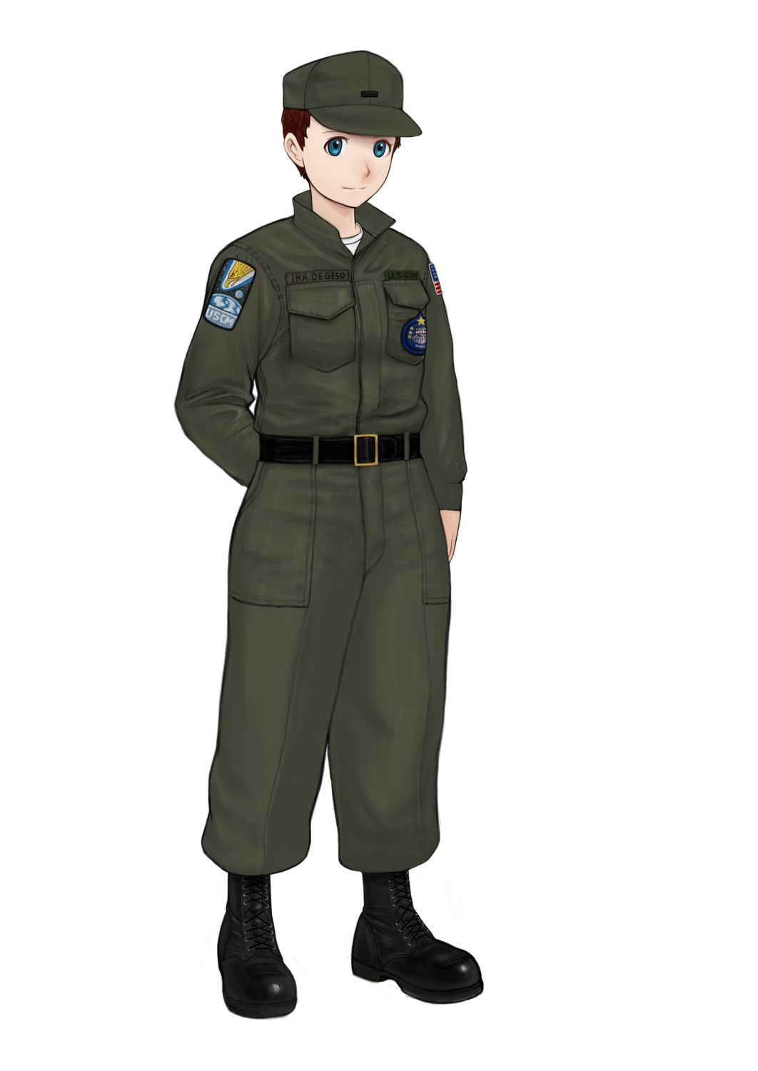 aliens american_flag androgynous arm_behind_back belt blue_eyes boots brown_hair colonial_marine hat highres jumpsuit komii military military_hat military_uniform name_tag patch science_fiction shinryaku!_ikamusume short_hair simple_background soldier solo space_marine standing uniform very_short_hair