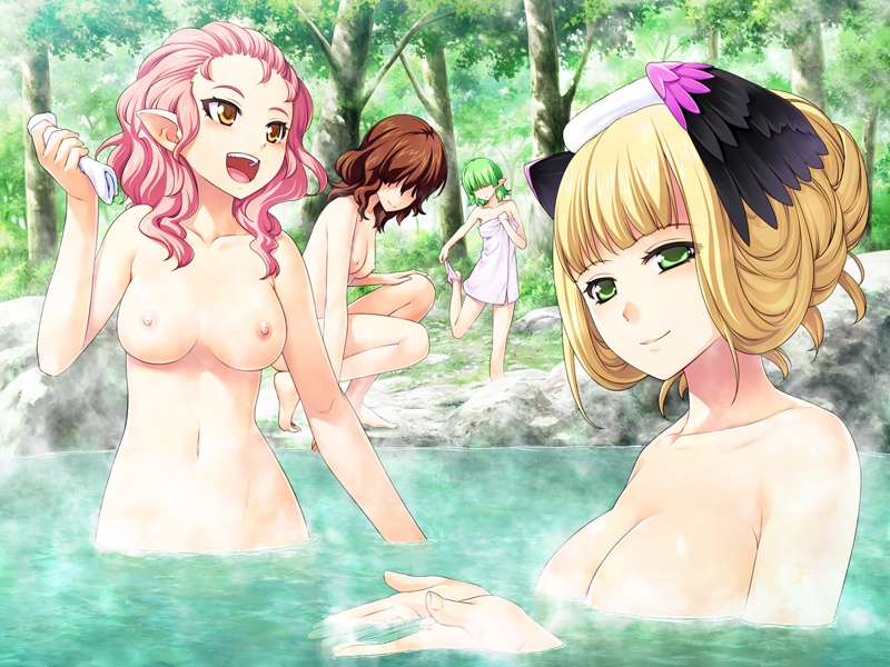 4girls areolae bath benimura_karu blonde_hair blush breasts brown_eyes brown_hair bunny_black_2 collarbone faceless female forest game_cg green_eyes green_hair highres large_breasts leg_lift light_smile looking_at_viewer looking_away multiple_girls naked_towel nature navel nipples nude onsen open_mouth outdoors panties panties_around_leg partially_submerged pink_hair pointy_ears shared_bathing short_hair smile squatting standing steam submerged towel tree trees underwear wading water wet