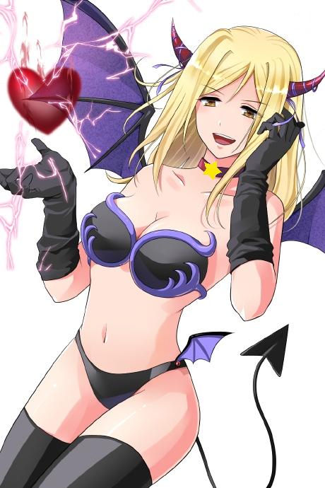 adjusting_hair bandeau bare_shoulders bat_wings bikini black_bikini black_gloves black_legwear blonde_hair breasts brown_eyes choker cleavage collarbone demon_girl demon_tail demon_wings dutch_angle electricity gloves hand_in_hair heart higurashi_no_naku_koro_ni horns jewelry large_breasts long_hair midriff multiple_wings naughty_face navel necklace open_mouth ribbon simple_background smile solo standing star strapless swimsuit tail takano_miyo thighhighs white_background wings yuumare