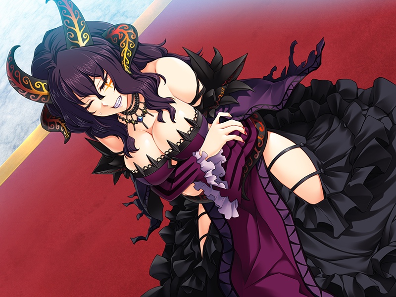 1girl angry bare_shoulders benimura_karu breast_hold breasts bunny_black cleavage clenched_teeth demon dress eyes_closed game_cg highres horn jewelry large_breasts legs long_hair necklace purple_hair sitting solo teeth thighs