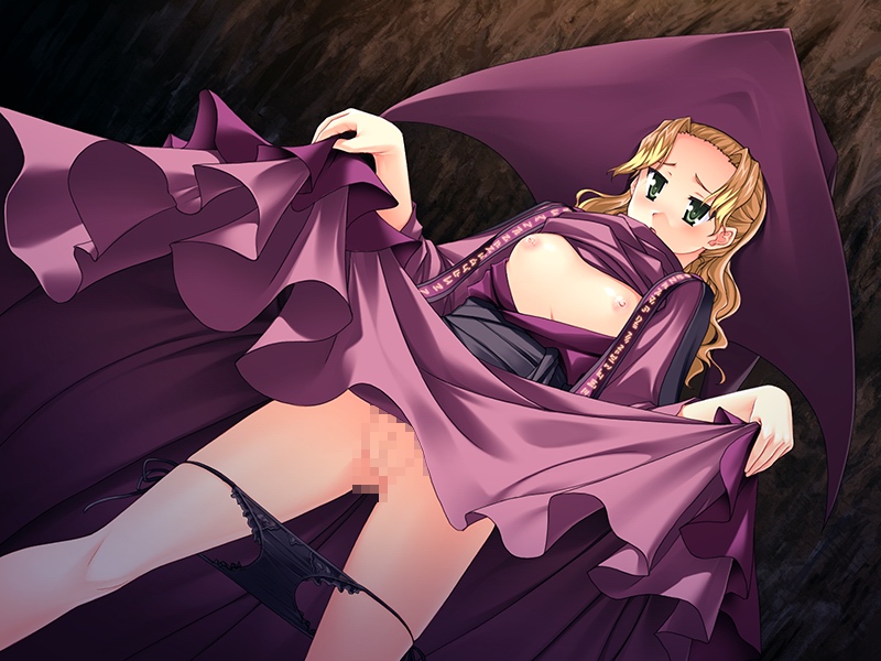 1girl areolae benimura_karu blonde_hair breasts bunny_black censored dress dress_lift game_cg green_eyes hat highres legs long_hair nipples no_bra open_clothes panties panty_pull pussy solo standing thighs underwear