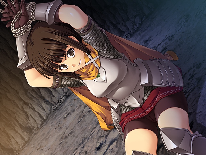 1girl angry armor arms_up benimura_karu bike_shorts breasts brown_eyes brown_hair bunny_black cape game_cg gloves highres looking_up shadow short_hair sitting slave solo tied_up
