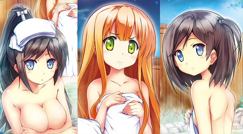 3girls azuki_azusa black_hair blonde_hair blue_eyes blush breast_hold breasts cherry_blossoms cleavage collarbone commentary_request covering green_eyes hentai_ouji_to_warawanai_neko. kashi large_breasts long_hair multiple_girls night nude_cover onsen ponytail side_ponytail sky small_breasts topless towel tsutsukakushi_tsukiko tsutsukakushi_tsukushi very_long_hair