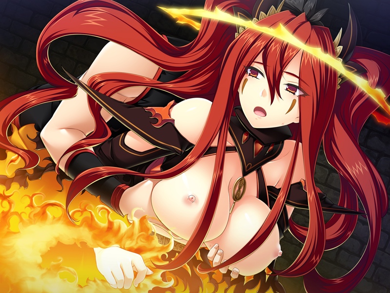 1girl areolae bare_shoulders benimura_karu breast_grab breasts bunny_black_2 facial_mark fire game_cg grabbing highres large_breasts long_hair looking_back nipples no_bra open_mouth red_eyes red_hair twintails