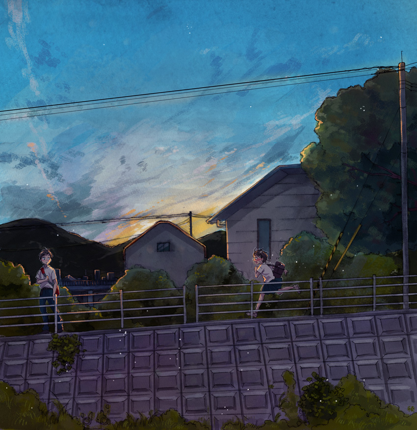 1girl bag blue_pants blue_skirt blush brown_hair cloud collared_shirt day grass house looking_at_another morning original outdoors pants polo_shirt power_lines profile railing retaining_wall running ryouga_(fm59) school_bag school_uniform shirt short_hair short_sleeves skirt sky standing sweat telephone_pole tree twilight utility_pole