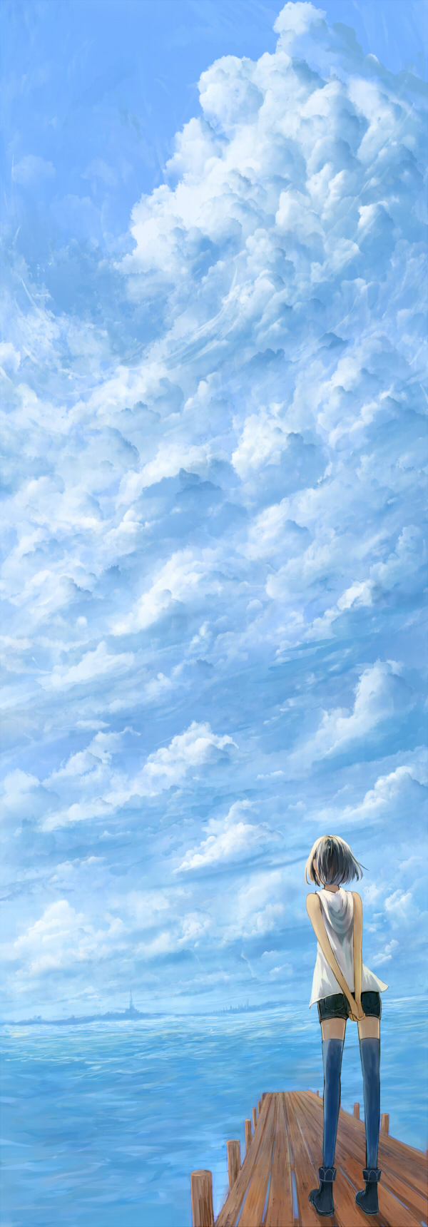 blue cloud day from_behind hands_clasped highres hood hood_down hoodie long_image ocean original own_hands_together pier sakimori_(hououbds) short_hair shorts silver_hair sky solo standing tall_image thighhighs water